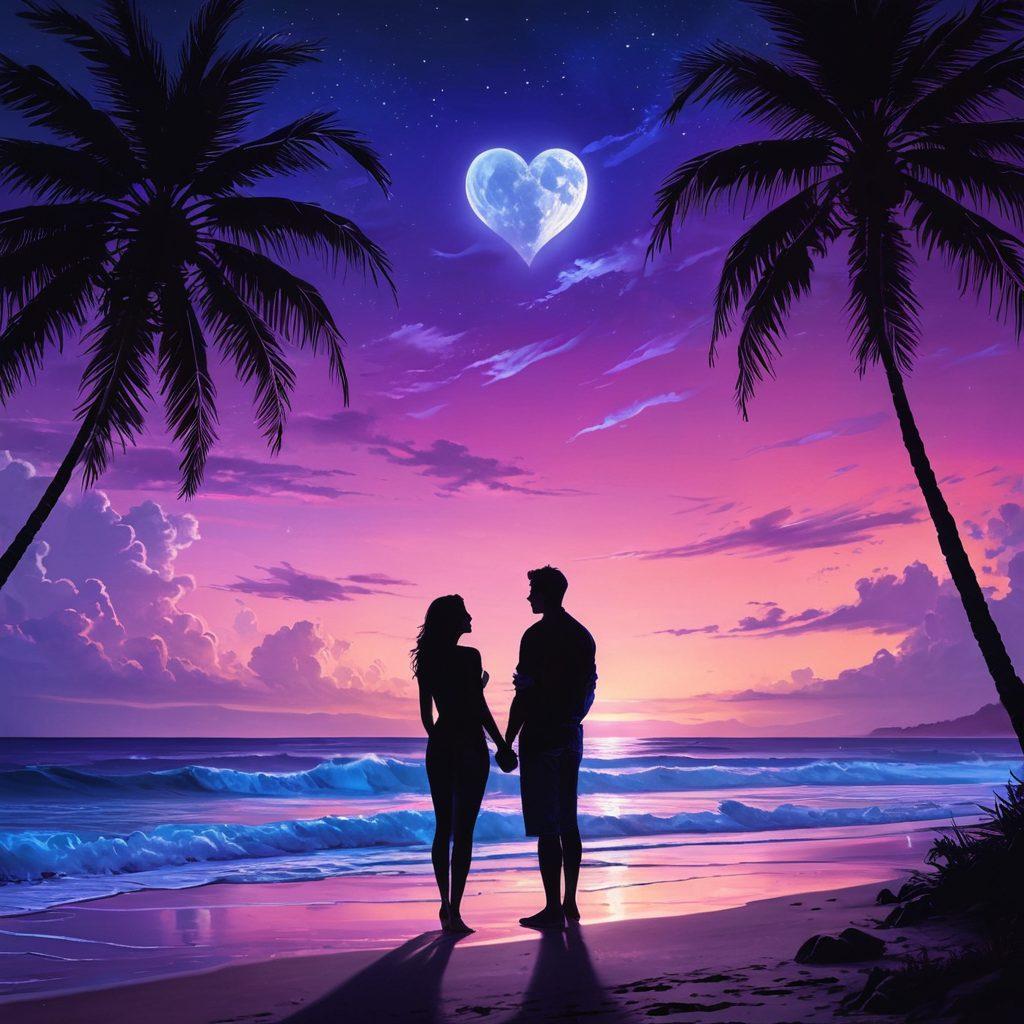 A couple standing on a moonlit beach, deeply gazing into each other's eyes, surrounded by swirling ocean waves that reflect vibrant hues of blue and purple. Soft silhouettes of palm trees frame the scene, symbolizing intimacy and connection, while a hint of heart-shaped clouds lingers in the sky. The atmosphere is romantic, evoking a sense of deep passion and desire. super-realistic. vibrant colors. night setting.