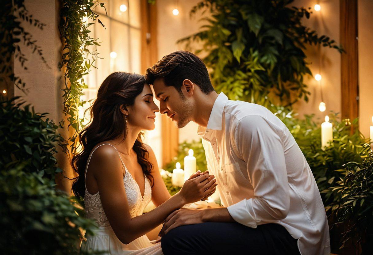 A warm and inviting scene depicting a couple sharing an intimate moment, surrounded by soft, ambient lighting and lush greenery. The couple should be engaged in a tender gesture, such as a gentle embrace or a loving gaze, with delicate details like intertwined fingers and soft smiles. Incorporate elements symbolizing affection, such as petals or candles, to enhance the ambiance. The background should be softly blurred to focus on the couple, evoking a sense of serenity and connection. super-realistic. warm tones. soft focus.