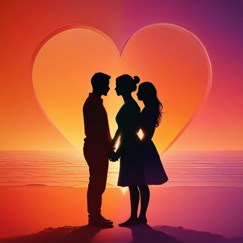 A colorful spectrum representing the journey from attraction to deep emotional connection, featuring silhouettes of diverse couples at various stages of intimacy. Warm hues blending into cooler tones symbolize the evolution of feelings, with subtle heart shapes and connection lines interspersed throughout. A dreamlike atmosphere enhances the emotional depth of the scene. vibrant colors. abstract style.